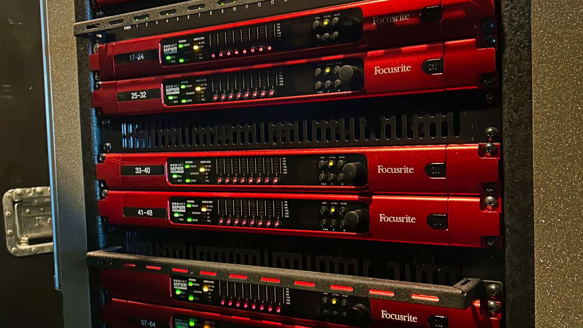 Gear rack in American Mobile’s remote truck, featuring Focusrite RedNet components